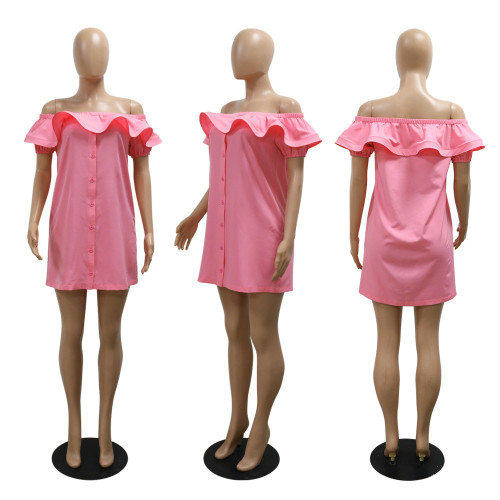 Solid color loose casual puff sleeve off shoulder short sleeve dress