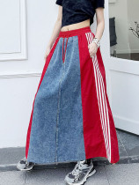 Denim patchwork loose casual striped A-line skirt