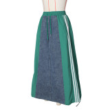 Denim patchwork loose casual striped A-line skirt