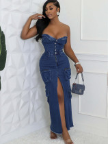3D Pocket Sexy Tube Slit Autumn Long Denim Dress
