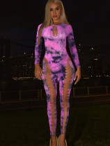 Women's hollow out tie-dyed round neck long-sleeved club sexy jumpsuit