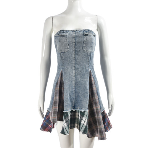 Stretch Denim Sexy Contrast Plaid Dress