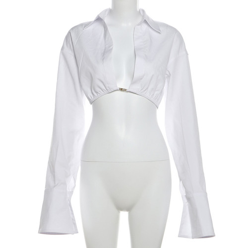 Autumn sexy short blouse solid color lapel long-sleeved crop top