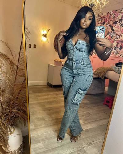 Strapless Denim Embroidered Jumpsuit