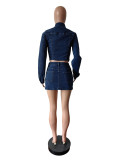 Denim set elastic washed long sleeve skirt set