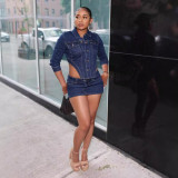 Denim set elastic washed long sleeve skirt set