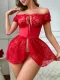 Off shoulder red lace sexy bustier babydoll thongs Two-piece Lingerie Set