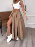 Elegant Sleeveless Vest Solid Color Slit Belt Skirt Two-piece Set