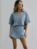 Casual denim suit for women loose short-sleeved shirt irregular skirt shorts two-piece suit