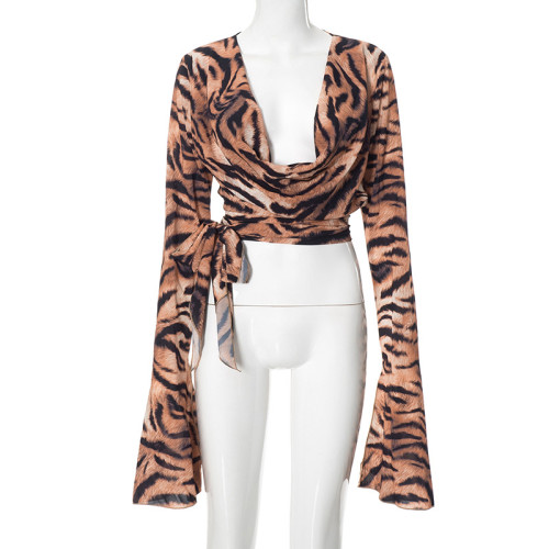 Tiger Print Low Neck Sexy Mesh Long Sleeve Top