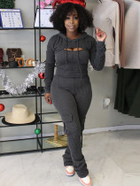 Autumn and winter solid color long-sleeved hooded slim-fit jumpsuit two-piece set