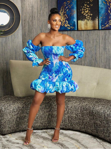 Sexy puff sleeve off shoulder printed long sleeve short dress