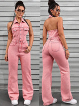 Denim High Elasticity Open Back Lapel Pocket Cargo Jumpsuit