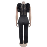 Autumn and winter solid color embroidered deep V jumpsuit