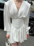 Autumn Satin Lantern Sleeve White Tutu Dress