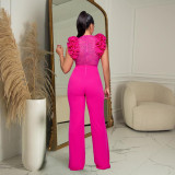 Autumn and winter solid color embroidered deep V jumpsuit