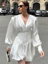 Autumn Satin Lantern Sleeve White Tutu Dress