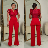 Autumn and winter solid color embroidered deep V jumpsuit