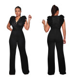 Autumn and winter solid color embroidered deep V jumpsuit