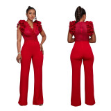 Autumn and winter solid color embroidered deep V jumpsuit