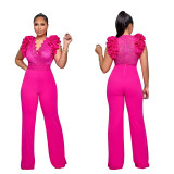 Autumn and winter solid color embroidered deep V jumpsuit