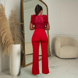 Autumn and winter solid color embroidered deep V jumpsuit