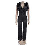 Autumn and winter solid color embroidered deep V jumpsuit