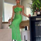 Halter Neck Flower Handmade Long Dress Backless Bohemian Sexy Beach Long Knitted Dress