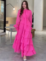 Autumn Solid Color Ruffle Chiffon Turtleneck Elegant Maxi Dress