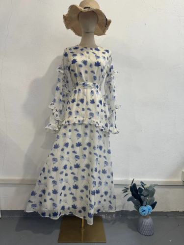 Autumn Gentle Floral Round Neck Long Sleeve Ruffle Maxi Dress