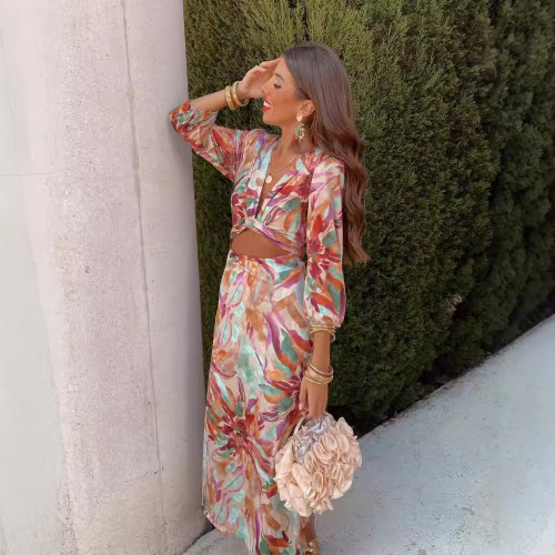 Printed hollow elegant fashion nine-point sleeve slim long dress