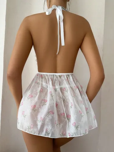 White lace floral print sexy babydoll g-strings lingerie set