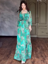 Autumn gentle printed elegant square neck long sleeve maxi dress