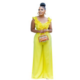Off-shoulder ruffled solid color slim-fit jumpsuit
