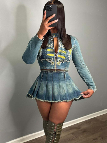 Stretch Denim Embroidered Top Pleated Skirt Set