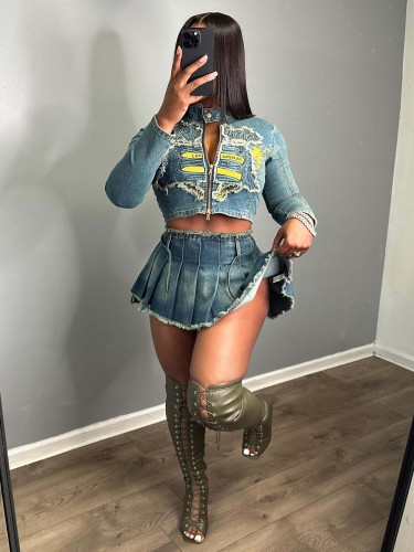 Stretch Denim Embroidered Top Pleated Skirt Set