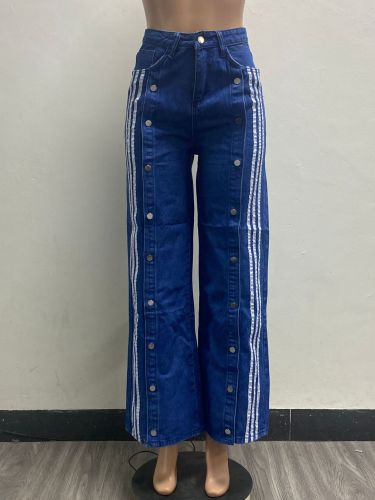Fashion stripes blue side slit high waist jeans