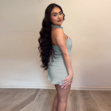 Elastic Denim Buckle Neck Sexy Hollow Zipper Dress