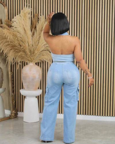 Slim Fit Stretch Washed Denim Straight Jumpsuit 