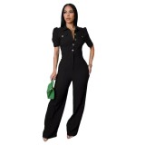 Solid color line short-sleeved jumpsuit