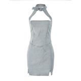 Elastic Denim Buckle Neck Sexy Hollow Zipper Dress