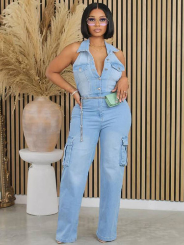 Slim Fit Stretch Washed Denim Straight Jumpsuit 