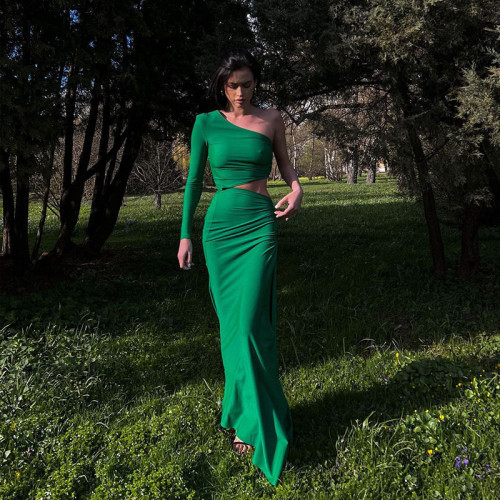 Fashionable sexy slash shoulder one-sleeve pleated slit evening dress for women
