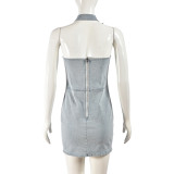 Elastic Denim Buckle Neck Sexy Hollow Zipper Dress
