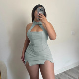 Elastic Denim Buckle Neck Sexy Hollow Zipper Dress