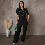 Solid color line short-sleeved jumpsuit