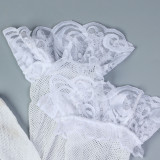 Three-piece sexy set with floral lace and elastic mesh including socks