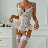 Three-piece sexy set with floral lace and elastic mesh including socks