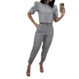 Women's suit short-sleeved top and long pants casual solid color two-piece suit