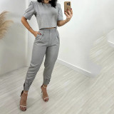 Women's suit short-sleeved top and long pants casual solid color two-piece suit